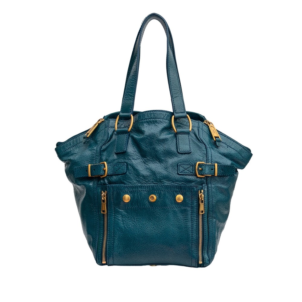 YSL Yves Saint Laurent Small Downtown Teal Green Patent Leather Tote Bag Italy